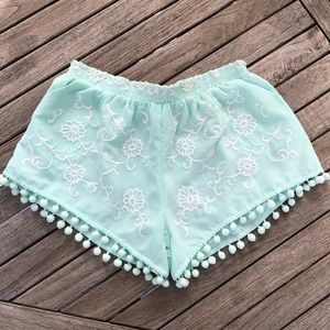 Millau Teal Shorts with Embroidery & Pompom detail